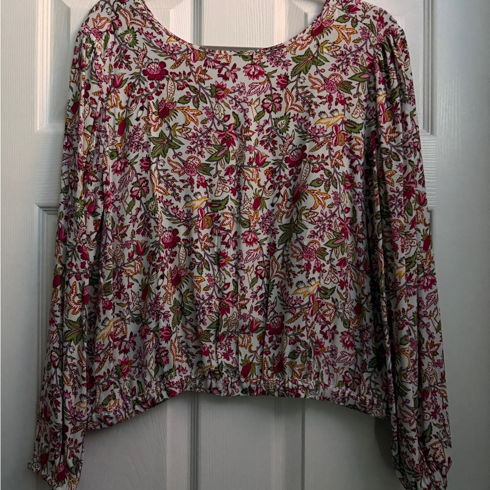 LOFT Pink and Red Petite Blouse with V-Back Elastic Hem